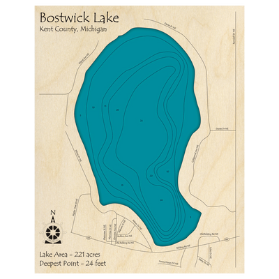 Bathymetric topo map of Bostwick Lake, MI with roads, towns and depths noted in blue water.