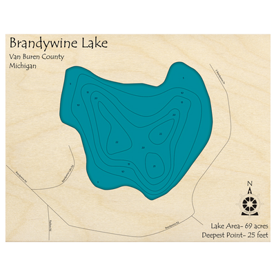 Bathymetric topo map of Brandywine Lake, MI with roads, towns and depths noted in blue water.