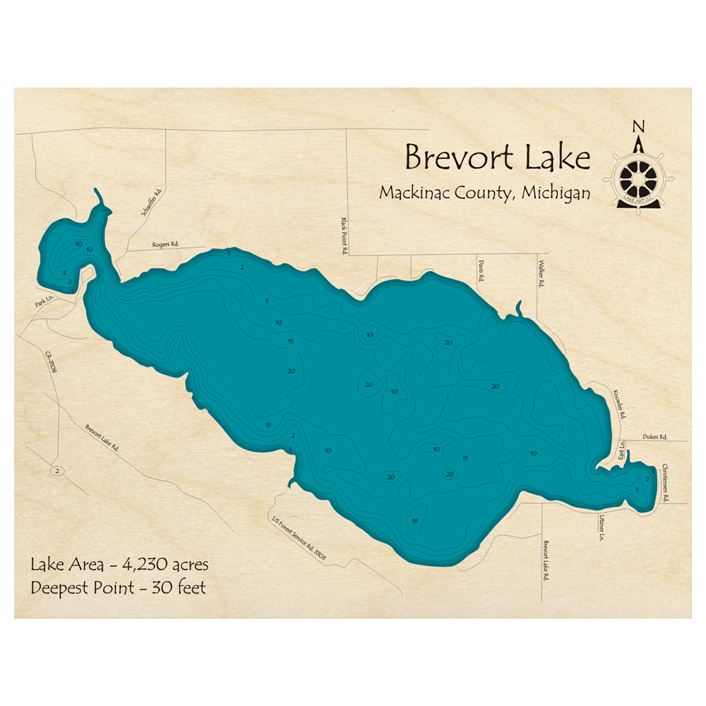 Bathymetric topo map of Brevort Lake, MI with roads, towns and depths noted in blue water.