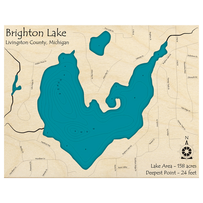 Bathymetric topo map of Brighton Lake, MI with roads, towns and depths noted in blue water.