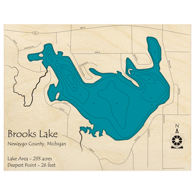 Bathymetric topo map of Brooks Lake, MI with roads, towns and depths noted in blue water.