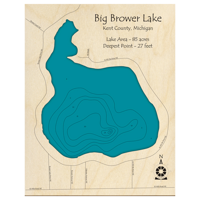 Bathymetric topo map of Big Brower Lake, MI with roads, towns and depths noted in blue water.