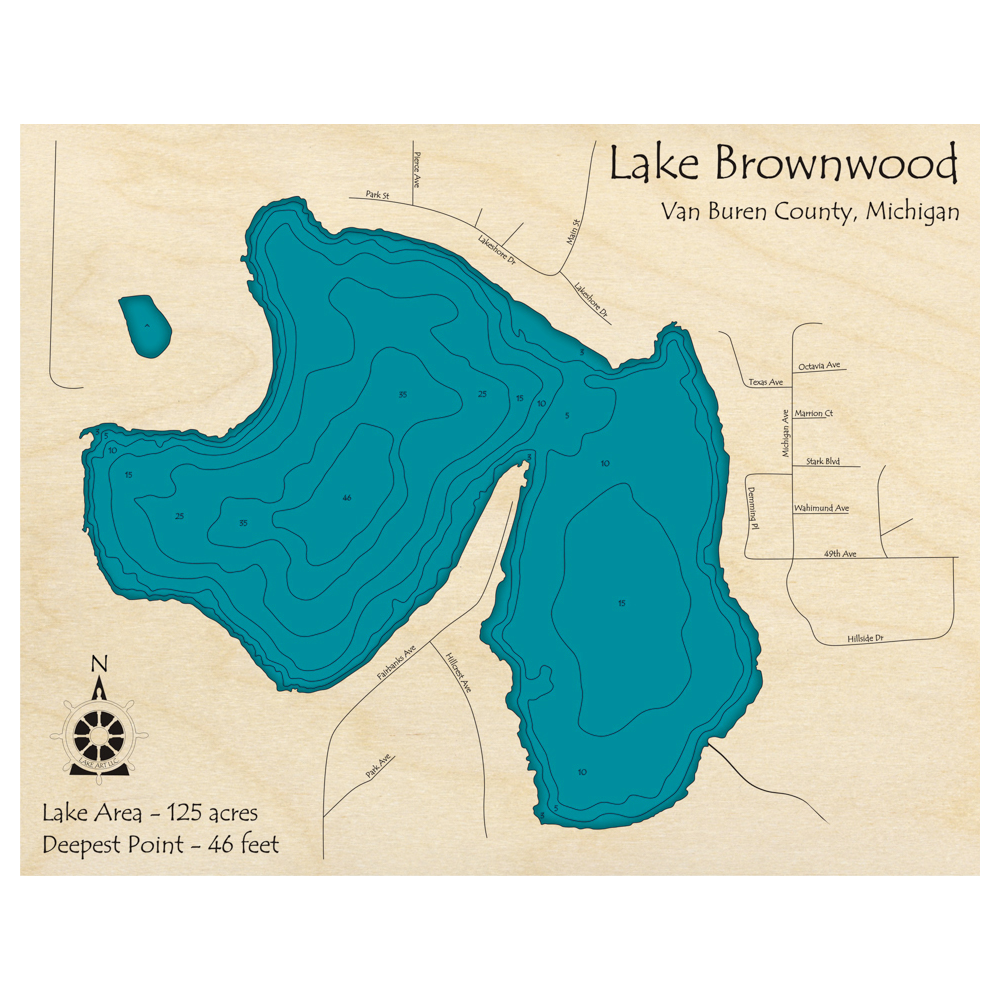 Bathymetric topo map of Lake Brownwood, MI with roads, towns and depths noted in blue water.
