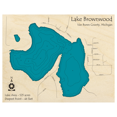 Bathymetric topo map of Lake Brownwood, MI with roads, towns and depths noted in blue water.