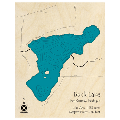 Bathymetric topo map of Buck Lake, MI with roads, towns and depths noted in blue water.
