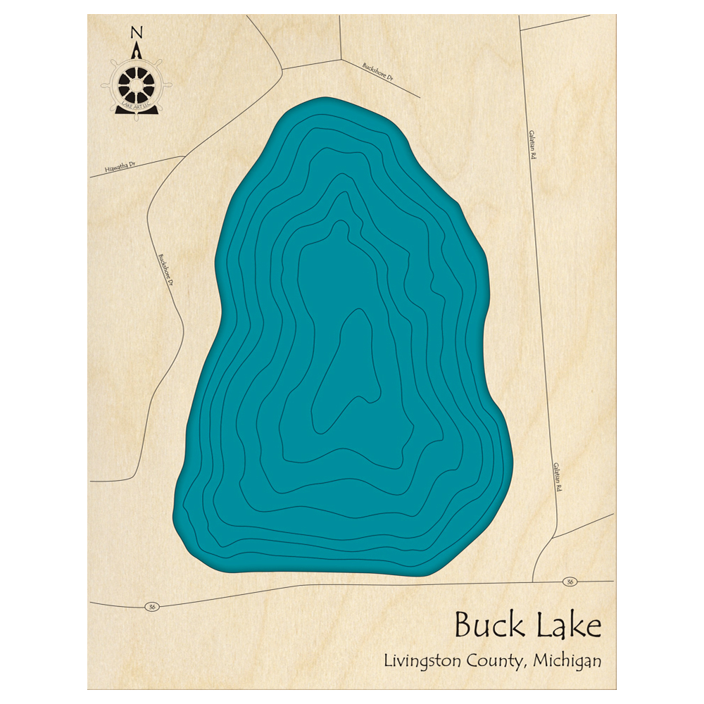 Bathymetric topo map of Buck Lake, MI with roads, towns and depths noted in blue water.