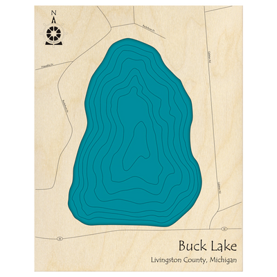 Bathymetric topo map of Buck Lake, MI with roads, towns and depths noted in blue water.