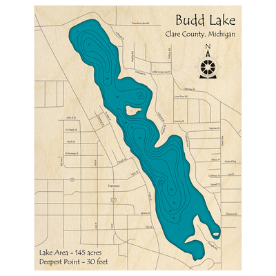 Bathymetric topo map of Budd Lake, MI with roads, towns and depths noted in blue water.