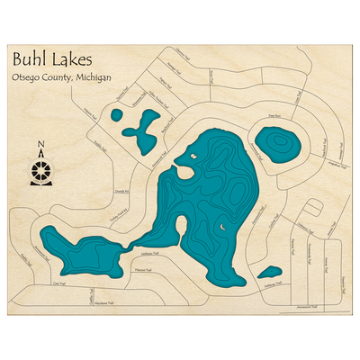 Bathymetric topo map of Buhl Lakes, MI with roads, towns and depths noted in blue water.