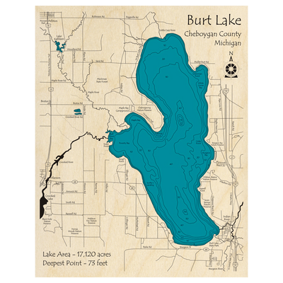 Bathymetric topo map of Burt Lake, MI with roads, towns and depths noted in blue water.