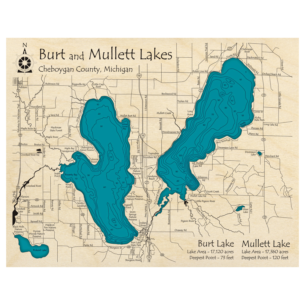 Bathymetric topo map of Burt Lake, MI with roads, towns and depths noted in blue water.