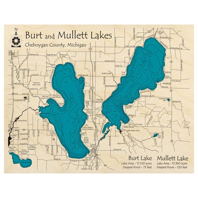 Bathymetric topo map of Burt Lake, MI with roads, towns and depths noted in blue water.