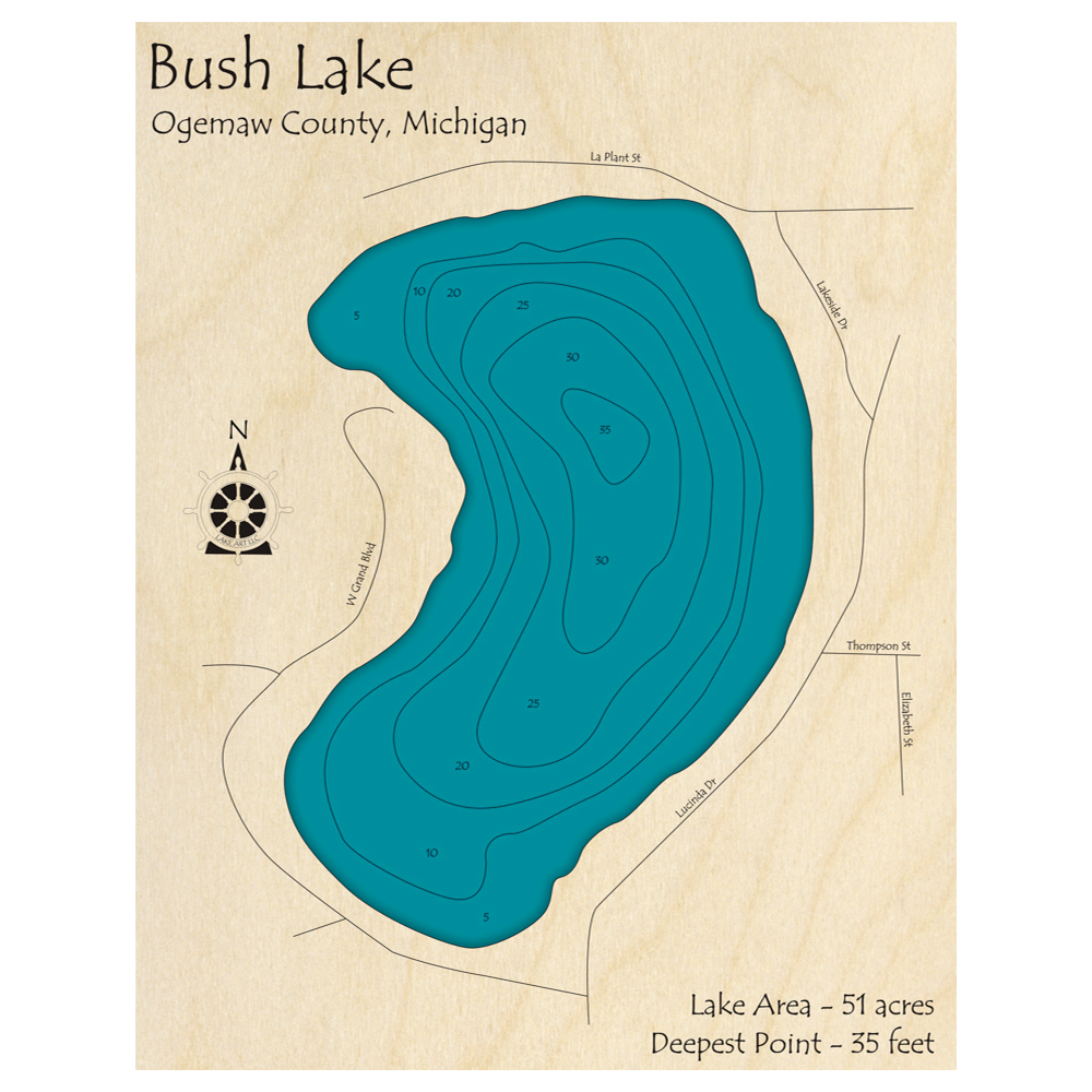 Bathymetric topo map of Bush Lake, MI with roads, towns and depths noted in blue water.