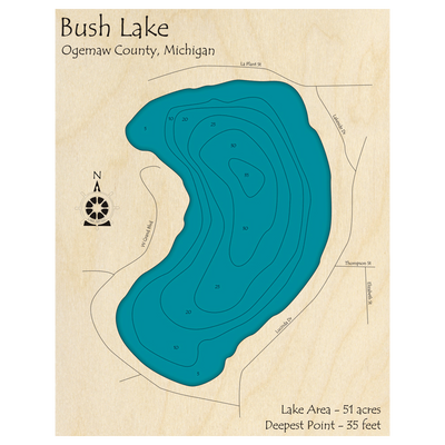 Bathymetric topo map of Bush Lake, MI with roads, towns and depths noted in blue water.