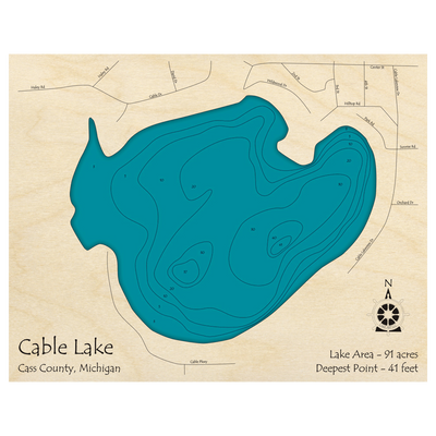 Bathymetric topo map of Cable Lake, MI with roads, towns and depths noted in blue water.