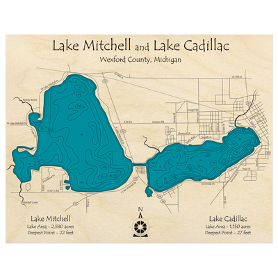 Bathymetric topo map of Lake Cadillac and Lake Mitchell, MI with roads, towns and depths noted in blue water.