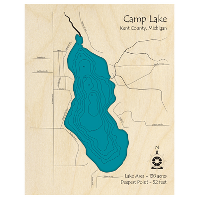 Bathymetric topo map of Camp Lake, MI with roads, towns and depths noted in blue water.