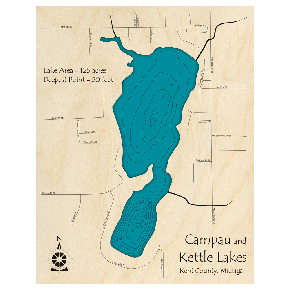 Bathymetric topo map of Campau Lake and Kettle Lake, MI with roads, towns and depths noted in blue water.