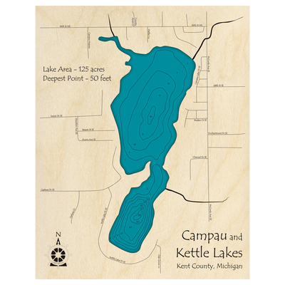 Bathymetric topo map of Campau Lake and Kettle Lake, MI with roads, towns and depths noted in blue water.