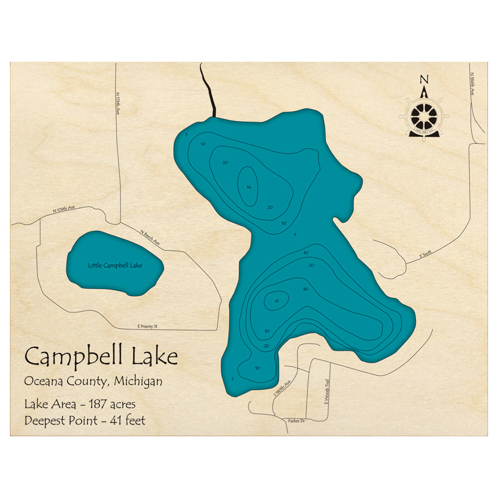Bathymetric topo map of Campbell Lake, MI with roads, towns and depths noted in blue water.