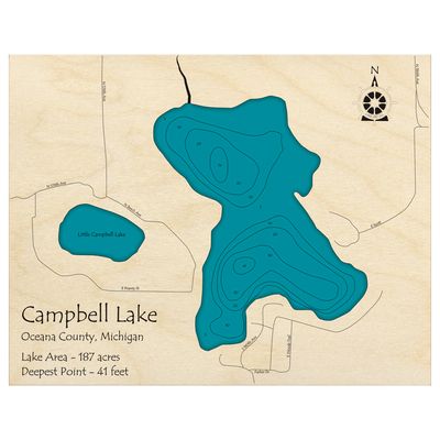Bathymetric topo map of Campbell Lake, MI with roads, towns and depths noted in blue water.