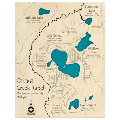 Bathymetric topo map of Canada Creek Ranch Lakes, MI with roads, towns and depths noted in blue water.