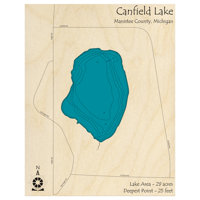 Bathymetric topo map of Canfield Lake, MI with roads, towns and depths noted in blue water.