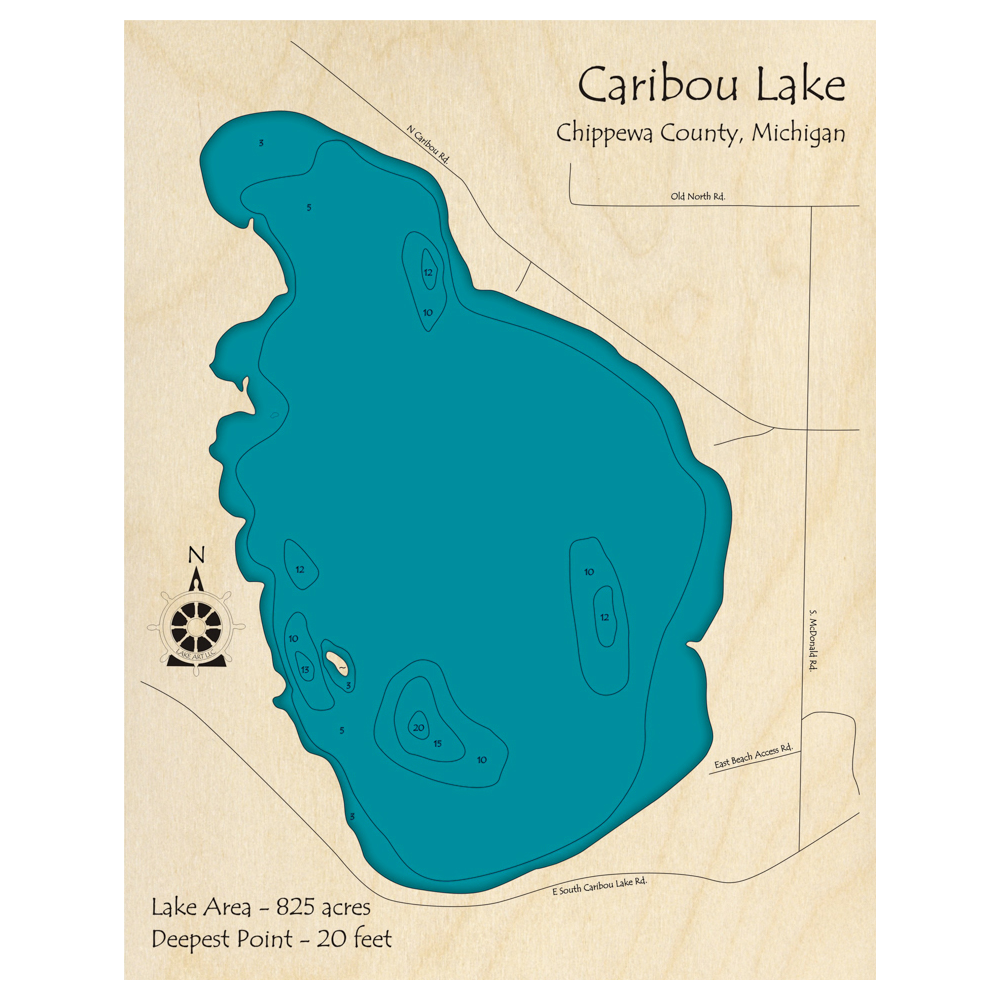Bathymetric topo map of Caribou Lake, MI with roads, towns and depths noted in blue water.