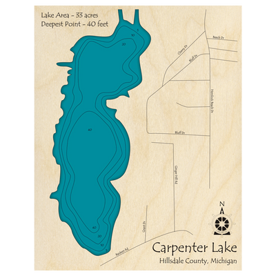 Bathymetric topo map of Carpenter Lake, MI with roads, towns and depths noted in blue water.