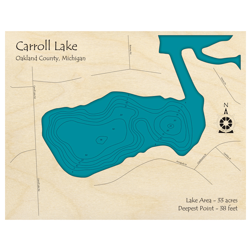 Bathymetric topo map of Carroll Lake, MI with roads, towns and depths noted in blue water.