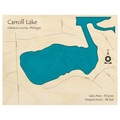 Bathymetric topo map of Carroll Lake, MI with roads, towns and depths noted in blue water.