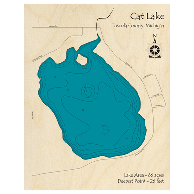 Bathymetric topo map of Cat Lake, MI with roads, towns and depths noted in blue water.