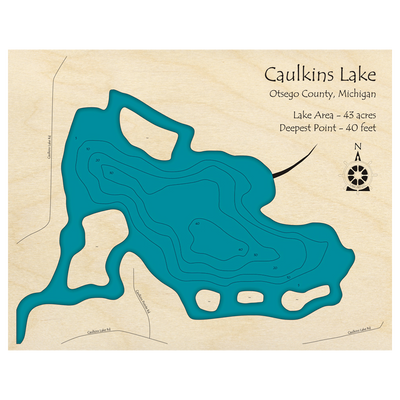 Bathymetric topo map of Caulkins Lake, MI with roads, towns and depths noted in blue water.