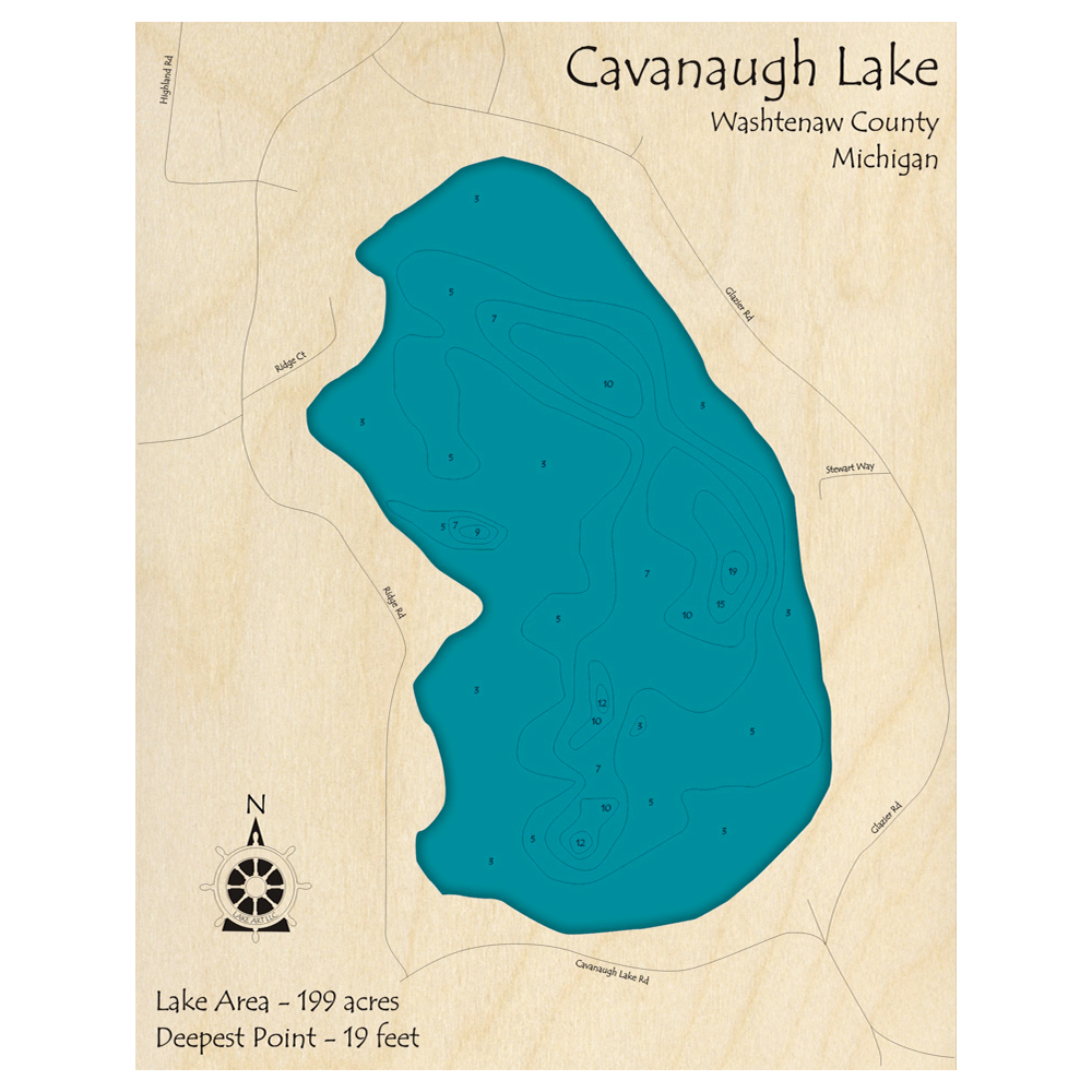 Bathymetric topo map of Cavanaugh Lake, MI with roads, towns and depths noted in blue water.