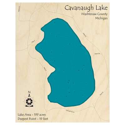 Bathymetric topo map of Cavanaugh Lake, MI with roads, towns and depths noted in blue water.