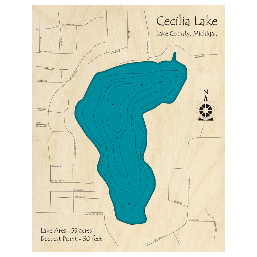 Bathymetric topo map of Cecilia Lake, MI with roads, towns and depths noted in blue water.