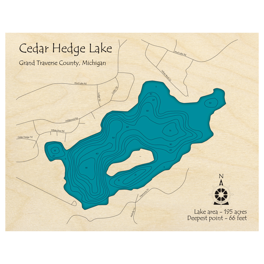 Bathymetric topo map of Cedar Hedge Lake, MI with roads, towns and depths noted in blue water.
