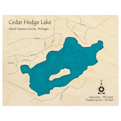 Bathymetric topo map of Cedar Hedge Lake, MI with roads, towns and depths noted in blue water.