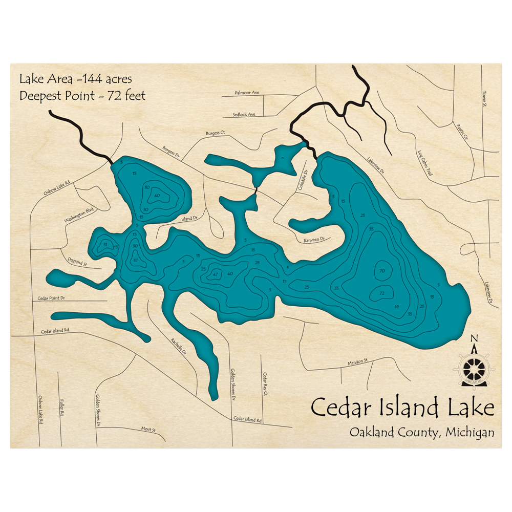 Bathymetric topo map of Cedar Island Lake, MI with roads, towns and depths noted in blue water.