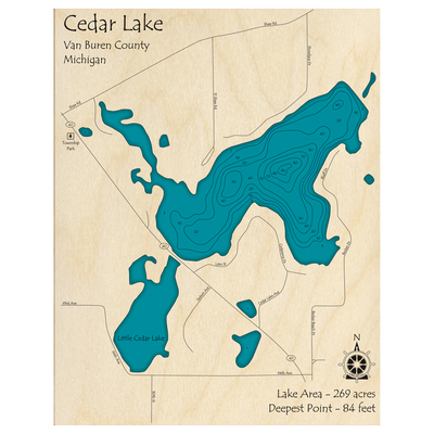 Bathymetric topo map of Cedar Lake, MI with roads, towns and depths noted in blue water.