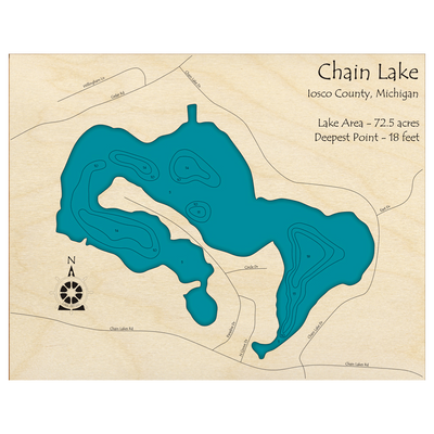 Bathymetric topo map of Chain Lake, MI with roads, towns and depths noted in blue water.