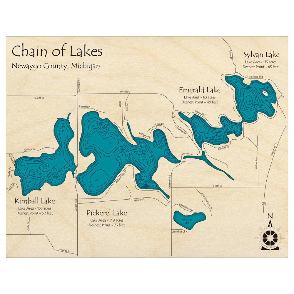 Bathymetric topo map of Pickerel Chain of Lakes, MI with roads, towns and depths noted in blue water.