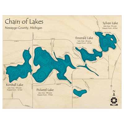 Bathymetric topo map of Pickerel Chain of Lakes, MI with roads, towns and depths noted in blue water.