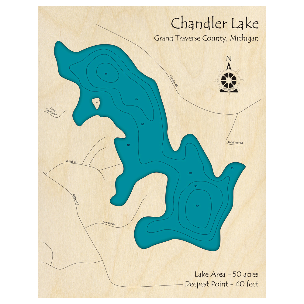 Bathymetric topo map of Chandler Lake, MI with roads, towns and depths noted in blue water.