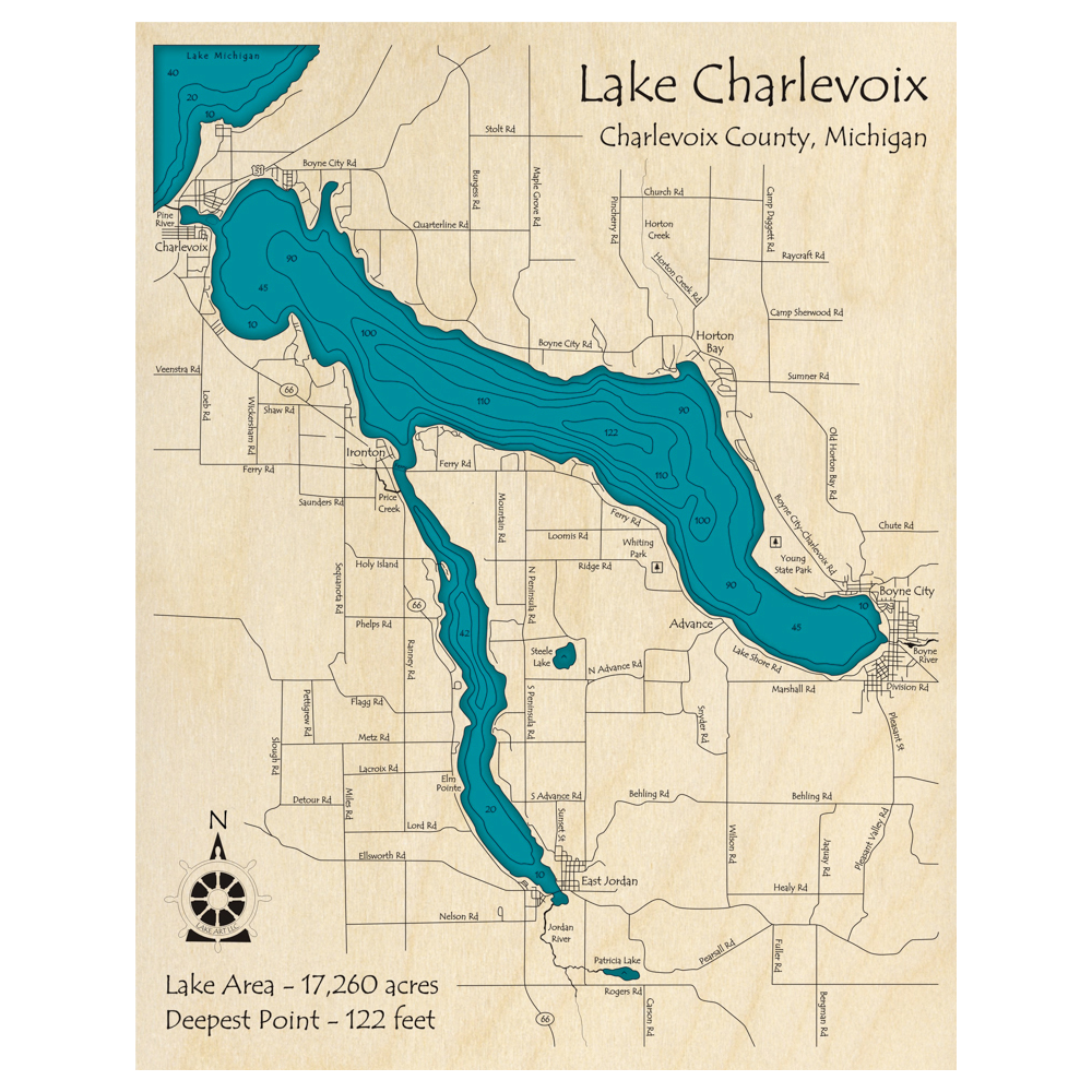 Bathymetric topo map of Lake Charlevoix, MI with roads, towns and depths noted in blue water.