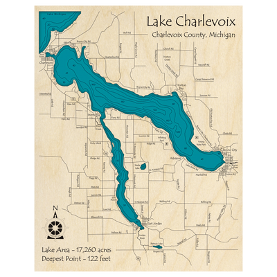 Bathymetric topo map of Lake Charlevoix, MI with roads, towns and depths noted in blue water.