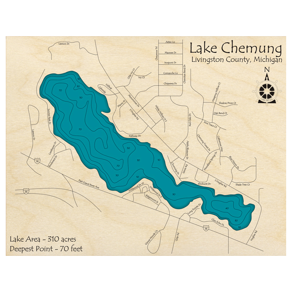 Bathymetric topo map of Lake Chemung, MI with roads, towns and depths noted in blue water.