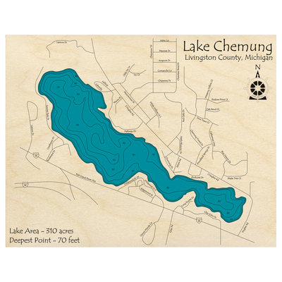 Bathymetric topo map of Lake Chemung, MI with roads, towns and depths noted in blue water.