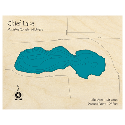 Bathymetric topo map of Chief Lake, MI with roads, towns and depths noted in blue water.