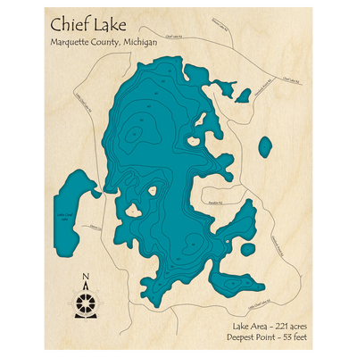 Bathymetric topo map of Chief Lake, MI with roads, towns and depths noted in blue water.